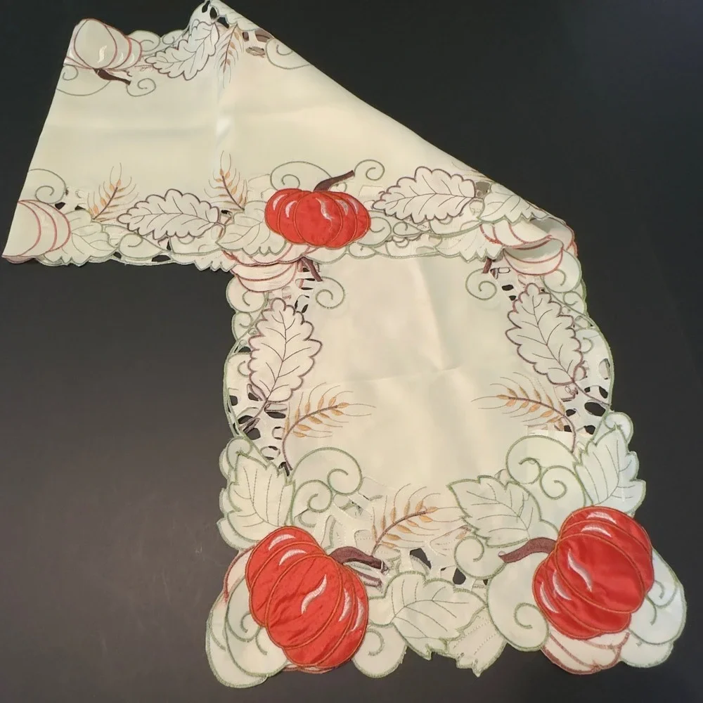 Table Runner 70x13 Cream Good Pumpkin Embroidered Cutwork Fall Thanksgiving